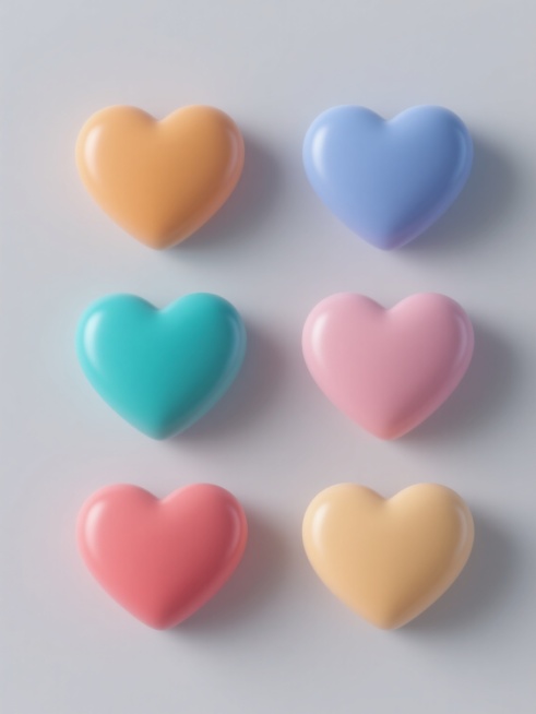 简约现代风格3D渲染，六个不同颜色、不同设计样式的心形素材规整排布，每个心形具有明显的3D立体质感，表面光滑，带有柔和的高光和阴影效果，纯色背景，无任何文字、logo及水印，整体造型简洁大方，视觉层次清晰，色彩搭配和谐，呈现出干净利落的现代设计感。预览效果