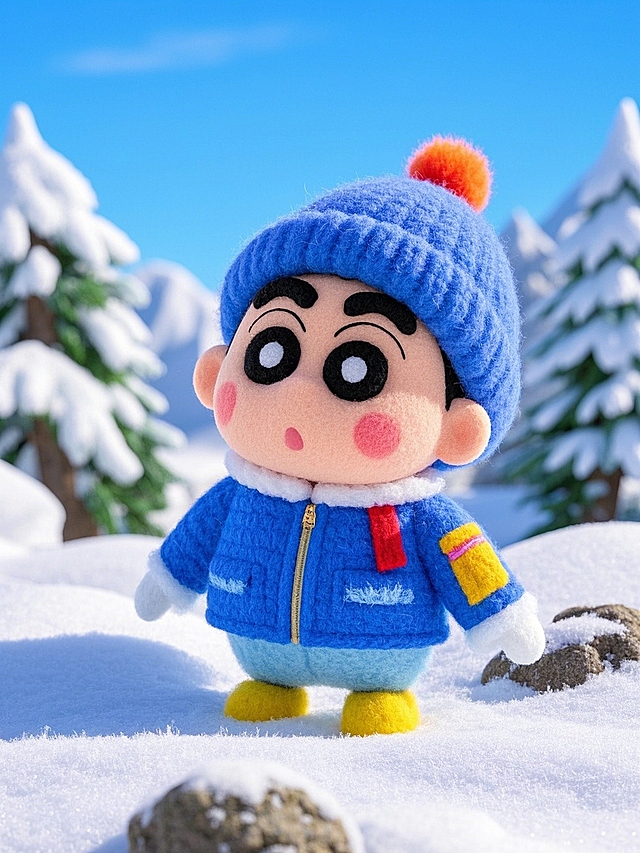 软3D风卡通形象，可爱感十足，雪景背景增添冬日温馨氛围。