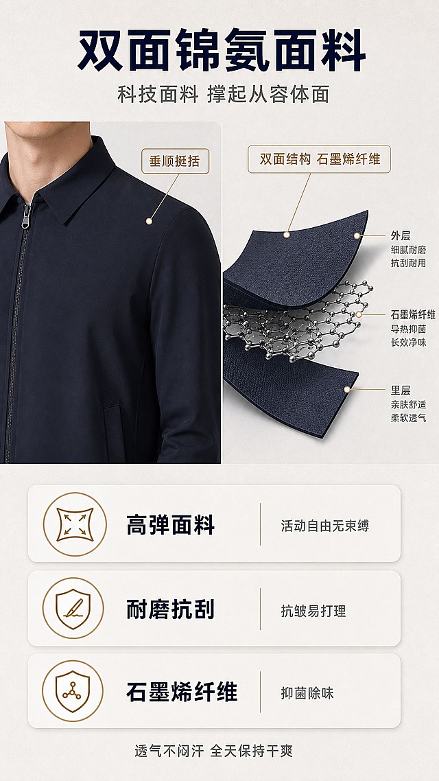 [商品] 使用【图1】深海军蓝行政夹克；保留经典衬衫翻领、前中全拉链、两侧斜插袋、修身版型、深海军蓝颜色；自然去皱、理顺垂坠，增强面料垂顺质感与纹理细节，不改变版型和结构。
[画面] 目标制作面料深度解析详情页，上下分栏构图。上半部分：左侧为深海军蓝夹克肩部局部穿戴特写，展示面料垂顺效果；右侧为双面锦氨面料结构剖面示意图（两面层+石墨烯纤维示意）。下半部分：面料功能数据区，三横排功能条，每排左侧图标、中间功能标题、右侧短说明。背景为浅暖灰色细腻质感。阅读动线：顶部标题→上半面料结构→下半功能列表。
[视觉] 套系策略：风格=高端稳重商务风商业摄影；标题字=现代无衬线粗黑体；正文字=简洁无衬线体；主色=深海军蓝；背景延展=浅暖灰细腻质感背景；强调色=金属亮枪色，仅用于小面积图标、引线和标签；标题色=深藏青；正文色=中暖灰；组件=圆角半透明暖白信息卡、细线引线、结构剖面图；光影=均匀柔和侧光，面料纹理清晰，整体明亮干净。
[文字] 顶部居中大标题：「双面锦氨面料」，深藏青色大号粗体；副标题：「科技面料 撑起从容体面」，中暖灰色中号。上半部分左侧标签「垂顺挺括」，右侧剖面标签「双面结构 石墨烯纤维」，亮枪色引线。下半部分三横排功能条：「高弹面料 活动自由无束缚」「耐磨抗刮 抗皱易打理」「石墨烯纤维 抑菌除味」，每排功能标题深藏青粗体、说明中暖灰小号，亮枪色图标。底部加一行小字：「透气不闷汗 全天保持干爽」，中暖灰色小号。
[规格] 9:16竖版比例，4K分辨率，文字清晰可辨，高清画质。负向提示：变形，水印，文字错乱，文字过小，结构错误，颜色偏差，产品模糊，背景杂乱，电商平台Logo。