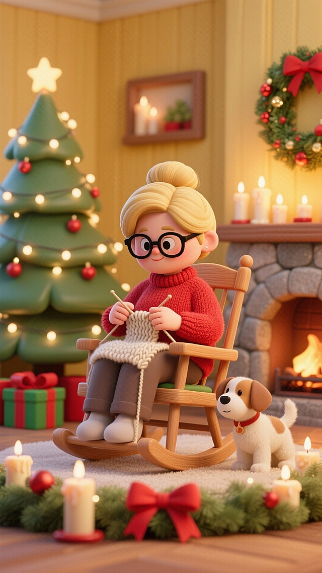 超写实 Q 版 C4D 卡通渲染，金发盘发的妈妈（黑框眼镜、红色色毛衣）坐木质摇椅编织织物，周围环绕带蜡烛、红丝带的圣诞花环，背景是装饰小灯的圣诞树、燃烛石质壁炉与红绿圣诞礼物，旁边坐着一只可爱的小狗，暖黄色柔和室内光，圣诞温馨氛围，中景聚焦老奶奶，毛绒质感细腻。