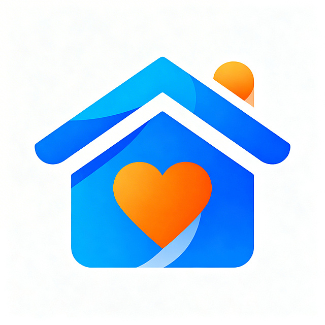 甘肃安邻数字科技有限公司主logo，主色调安澜蓝，点缀暖阳橙，现代简约几何风格，体现科技感数字化智能化，专业稳重可信，温暖亲和人文邻里关怀，包含简化屋檐+心形设计，屋檐造型体现邻里，心形体现温暖关怀。