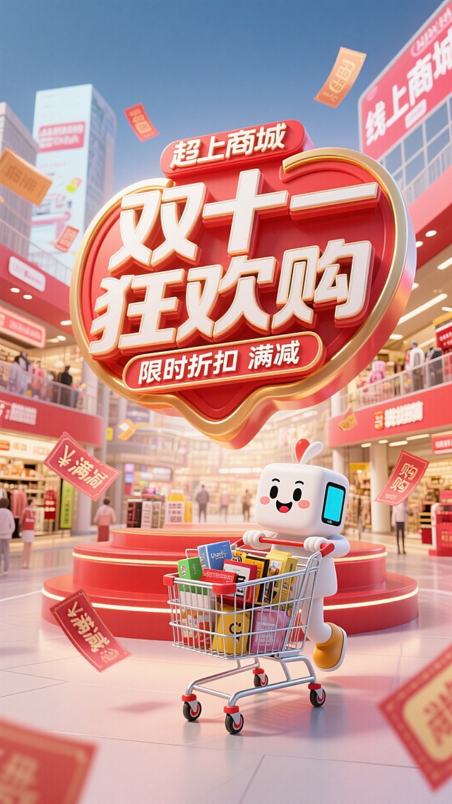 主体内容：画面中有带有可爱拟人化表情的商品（可自定义具体商品，如电子产品、服饰等），周围环绕着各类参与双十一促销的品牌商品，还有推着满载商品购物车的卡通人物。
场景设定：营造出繁华、热闹的双十一电商促销场景，背景有类似大型购物广场或充满科技感的线上商城界面，充满购物狂欢的热烈氛围。
风格参考：3D 卡通渲染风格，整体风格活泼、欢快，具有商业促销海报的视觉吸引力。
色调色彩：以红色、金色为主色调，搭配白色等亮色，营造出双十一促销的喜庆、热烈氛围。
构图视角：平视视角，将核心的拟人化商品、各类促销商品与卡通购物人物置于画面中心，突出双十一购物狂欢的主题。
细节补充：有 “双十一狂欢购”“限时折扣”“满减” 等促销文字，背景中添加闪烁的灯光、漂浮的优惠券等元素，增强双十一购物的热闹与吸引力。