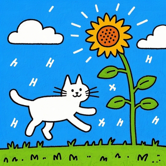 卡通手绘，白色小猫在草地奔跑，蓝天白云，能感觉到微风吹过预览效果