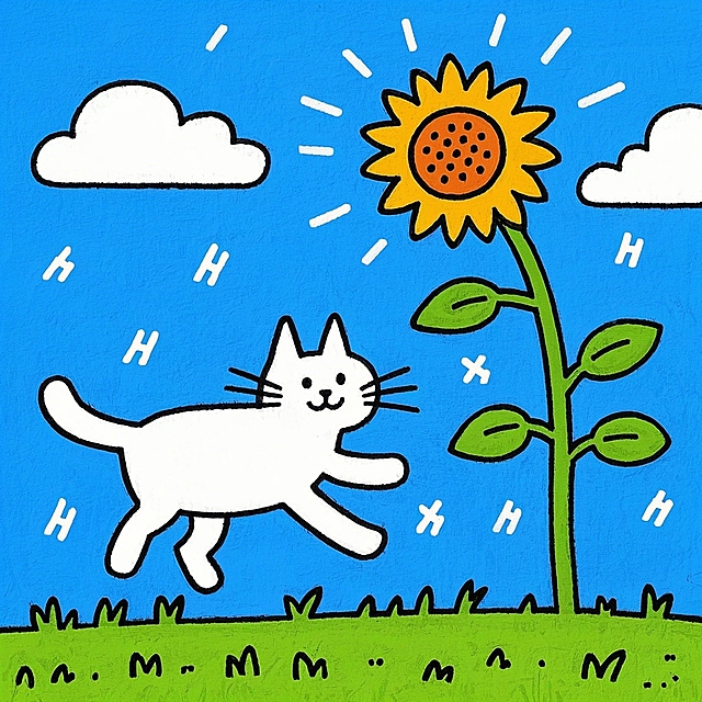 卡通手绘，白色小猫在草地奔跑，蓝天白云，能感觉到微风吹过