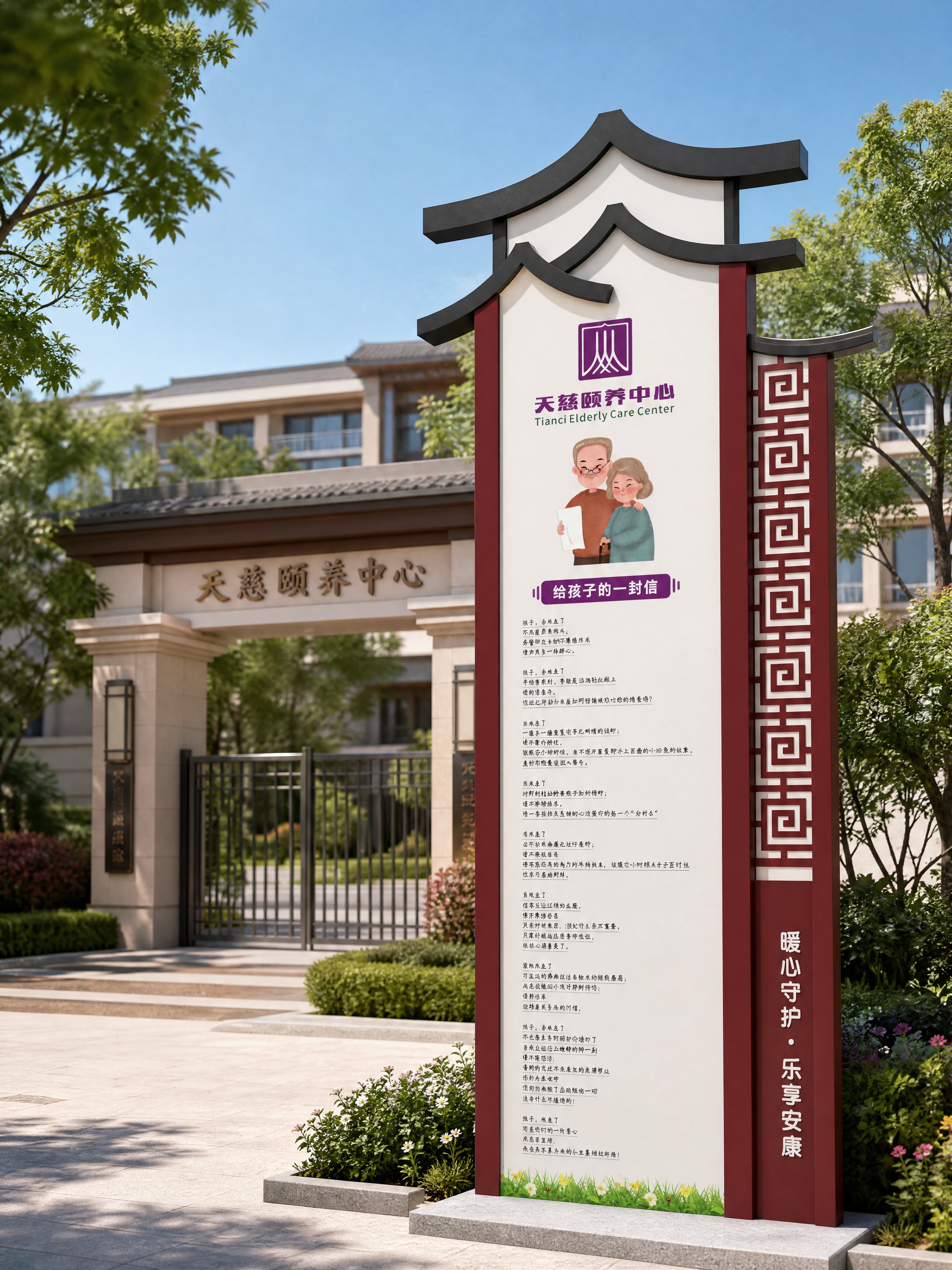 将参考图中的中式精神堡垒导视牌立在养老院大门口的实景效果图，精… - 图片创意预览