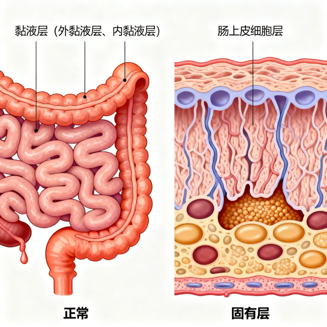 医学对比示意图，左侧为正常肠道结构，右侧为肠漏综合征肠道结构，清晰标注黏液层（外黏液层、内黏液层）、肠上皮细胞层、固有层，科学展示肠漏导致的屏障损伤差异，风格专业清晰，医学科普风格预览效果