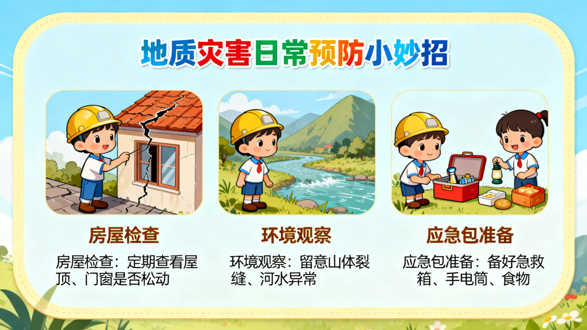 小学生地质灾害科普PPT内页，卡通风格，展示日常预防地质灾害的小妙招，包括房屋检查、环境观察、应急包准备的卡通场景预览效果
