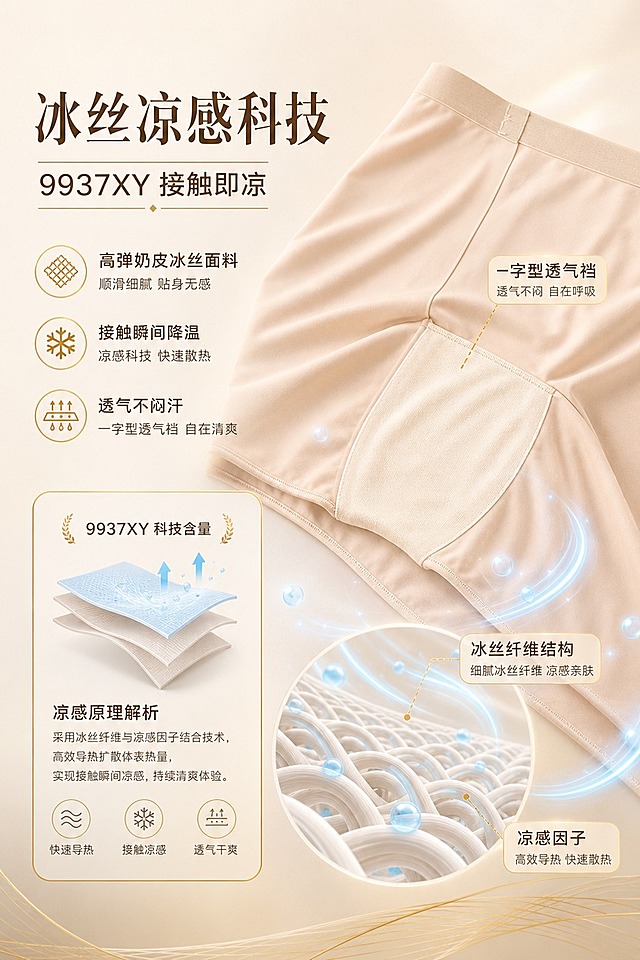 [商品] 使用【图2】肤色款高弹奶皮冰丝空调安全裤，展示裆部与面料细节；商品处理：保留一字型透气裆结构、腰头设计、冰丝面料质感、肤色和缝线工艺；自然理顺面料褶皱，增强冰丝面料的细腻光泽与透气裆的棉质纹理对比，不改变版型结构。
[画面] 页面目标：突出冰丝凉感科技与9937XY科技含量，解释凉感原理。构图：左文右图，左侧文字信息区占40%，右侧产品面料微距+凉感可视化占60%；产品侧45度平铺，面料局部放大展示冰丝纤维结构，搭配蓝色凉气流粒子环绕效果，体现接触凉感。背景：浅米色哑光背景，底部淡金色渐变过渡，点缀几何金线装饰。前中后景：前景面料微距纹理、中景产品主体、后景淡金渐变光晕。
[视觉] 套系策略：风格=高级轻奢商业摄影，简约有品牌感；标题字=现代简约衬线粗体，优雅大气；正文字=简洁无衬线体，清晰易读；主色=浅米色（奶油米白）；背景延展=基于浅米色做深浅渐变、同色系层次和细腻哑光质感；强调色=香槟金色，仅用于小面积图标、引线、装饰线条和标签描边；标题色=深奶茶棕；正文色=暖灰棕；组件=圆角浅金描边信息卡、细金线引线、简约线性图标；光影=左前侧柔和漫射光，产品下方自然投影，整体通透干净。
[文字] 左上主标题「冰丝凉感科技」，副标题「9937XY 接触即凉」；下方3个卖点：「高弹奶皮冰丝面料」「接触瞬间降温」「透气不闷汗」；右侧产品区用细金线引出「冰丝纤维结构」「凉感因子」标注；文字全部横向排版，不遮挡产品主体。
[规格] 图片比例2:3竖版，4K分辨率，淘宝/天猫详情页适配。避免变形、错字、文字过小、冷蓝色调为主、产品颜色失真、医疗功效承诺、低俗内容。