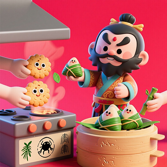 3D卡通风格，拟人化粽子与饼干互动，中式喜庆氛围，端午节创意设计。