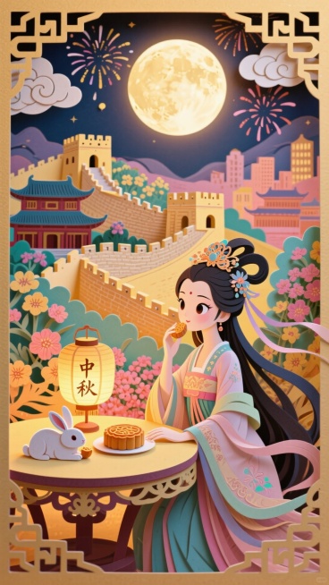 近景是嫦娥长头发，头饰精致，衣服仙气飘飘，眼镜大一些，妆容精致，坐在圆桌上看建筑的侧影，玉兔趴在桌上吃月饼，桌上放着写着中秋的灯笼，整体布局在左下角小一点，背景是长城，古建筑，雄伟，城市，花团锦簇，城预览效果