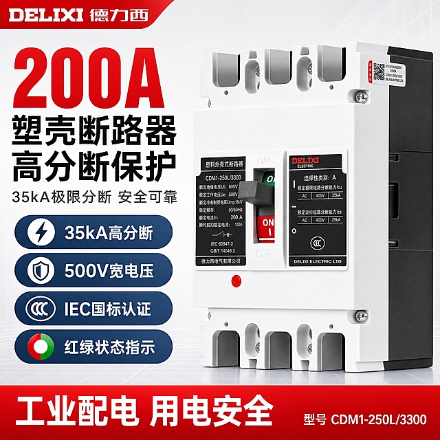 [主图-1] 德力西CDM1-250L/3300塑料外壳式断路器单张淘宝主图，爆款促销感路线，大数字背书型版式，目标是3秒内看到产品、核心数字与专业感。
[统一基调] 工业电工专业感基调：背景为浅灰到白色的柔和渐变加细网格工业线，主标题用黑色粗黑无衬线字体，辅助文字深灰色，强调色用德力西红和深蓝，卖点胶囊用深蓝半透明圆角卡片配白色文字，底部通栏红色渐变。
[画面] 产品为德力西CDM1-250L/3300塑料外壳式断路器：纯白色阻燃工程塑料外壳，中央黑色旋转手柄带红色ON指示区和绿色OFF指示区，手柄下方中央红色圆形指示灯，右侧深灰/黑色附加功能模块，上下各三个接线端子孔位带银色十字螺丝，正面左侧黑底白字主参数标签含型号CDM1-250L/3300、额定绝缘电压Ui 800V、额定工作电压Ue 500V、额定冲击耐受电压Uimp 8kV、额定频率50/60Hz、额定电流In 200A、瞬时脱扣整定电流10In、IEC 60947-2/GB/T 14048.2，右侧黑底白字性能标签含DELIXI ELECTRIC、选择性类别A、Icu 35kA、Ics 25kA，底部德力西电气有限公司中文和DELIXI ELECTRIC LTD英文，右下角CCC认证标志，右上角二维码标签；产品外观、结构、材质、颜色和标签文字与输入产品图完全一致。产品位于画面右侧偏中，占画面58%-65%，约15-20度俯视正面视角，完整展示正面标签、手柄、右侧模块和上下接线端子。
[光影质感] 商业产品摄影质感，主光从前方偏上漫射，白色外壳干净明亮，标签文字清晰锐利，手柄凹槽和端子孔洞有自然明暗层次，底部有柔和浅淡接触阴影，整体专业务实。
[配色] 浅灰白背景、白色产品、黑色主标题、德力西红超大数字、深蓝卖点胶囊配白色文字、底部红色通栏配白色文字。
[文字版式] 左上角红色品牌位写“DELIXI 德力西”；画面左上方放超大红色粗黑数字“200A”作为第一视觉锚点，旁边超大黑色主标题两行“塑壳断路器 高分断保护”；主标题下方一行深灰色副文案“35kA极限分断 安全可靠”；数字下方竖向排列4个深蓝半透明卖点胶囊，配白色图标和文字：“35kA高分断”“500V宽电压”“IEC国标认证”“红绿状态指示”；底部18%-22%红色渐变通栏白色大字“工业配电 用电安全”，通栏右下角小号白字“型号 CDM1-250L/3300”；文字全部横排，主标题与200A数字最大，辅助文字缩小50%以上，不遮挡产品。
[输出要求] 1:1正方形2048像素2K分辨率，文字清晰锐利，产品标签文字清晰可读；负向写产品变形、错字、模糊、杂乱、水印、平台Logo、主体遮挡、标签文字乱码。