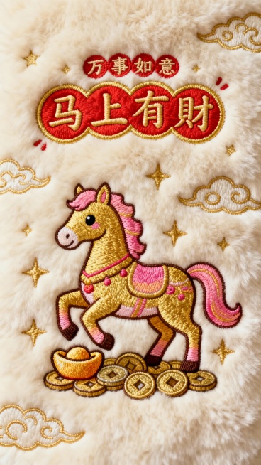 一幅以发财为主题的半边绒刺绣壁纸，整体采用米白色毛绒布料为背景，主体是一只色彩鲜艳的卡通风格金色骏马，并点缀金、粉色渐变装饰，马的脚下绣有元宝、铜钱等元素。上方是红色的“马上有財”二字，采用圆润可爱的预览效果
