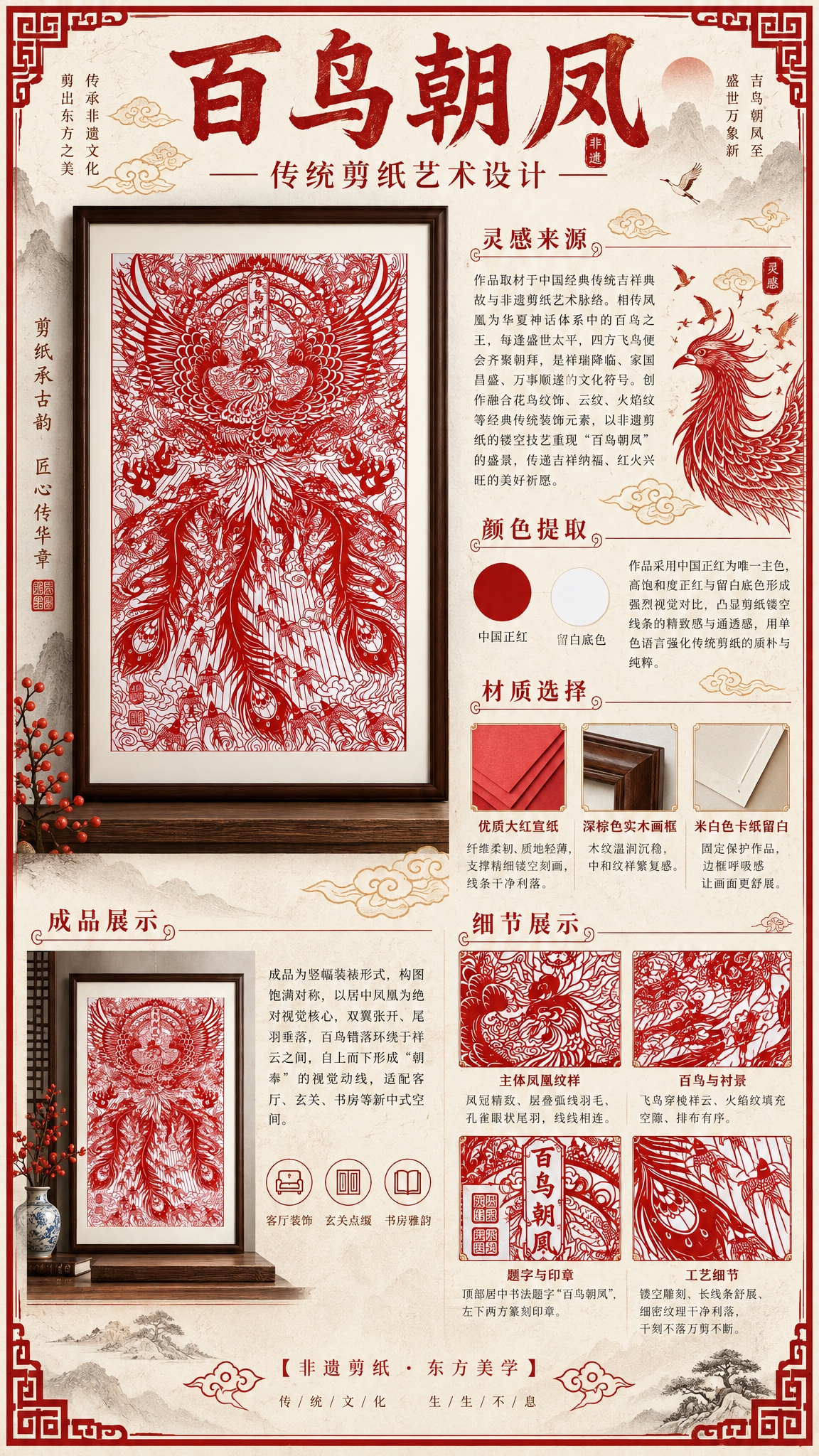 将这张《百鸟朝凤》剪纸设计说明海报初稿，完善为比赛参赛级竖版设… - 图片创意预览