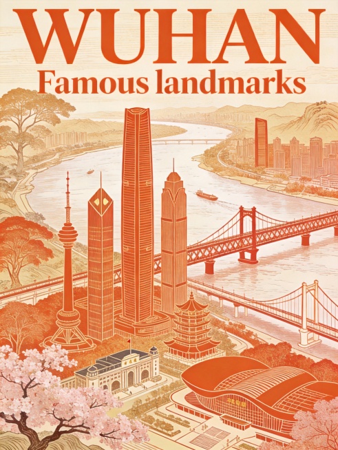 分别为下面每个城市生成一张海报：

武汉：中国现代地标建筑凹版印刷线稿，粗线勾勒外轮廓，细线刻画细节，保留铜版雕刻痕迹，橙红色调，大师级排版，大标题"WUHAN Famous landmarks"，极预览效果