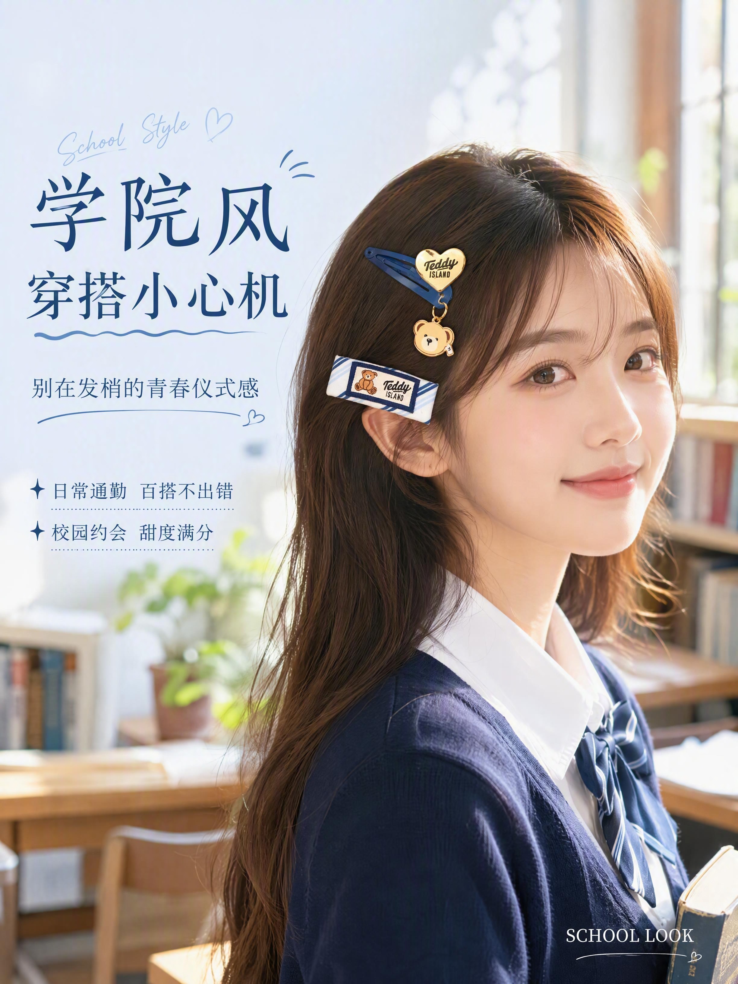[第5张] 佩戴效果页 - 少女模特学院风造型展示（藏青款）。… - 图片创意预览