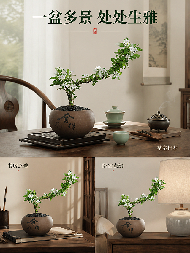 [主图-3] 悬崖六月雪盆景多场景搭配展示图，体现新中式风格适配性与陈列美感。
[统一基调] 新中式禅意风格，整体色调以米白、原木棕、墨绿为主，背景为浅米色墙面+深棕色实木桌面，光源来自左上方自然柔光，字体用简洁宋体，标题字色为深墨绿，辅助字色为深棕色，强调色为朱砂红点缀，整体干净雅致有品质感。
[画面] 画面采用上下分屏布局，上半部分占60%展示主场景：悬崖六月雪盆景摆放在新中式茶室的实木茶桌上，旁边搭配青瓷茶杯、竹制茶则、小型香炉，背景是白纱帘透进柔和自然光，营造静谧品茶氛围。下半部分左右两个小场景各占20%：左下是盆景摆放在书房书桌一角，旁边有线装书与毛笔；右下是盆景摆放在卧室床头柜上，旁边有陶瓷台灯。三个场景均保持产品外观一致，体现多空间适配。
[光影质感] 商业空间摄影质感，每个场景都有自然柔和的光线，主场景光线更充足，小场景光线略暗形成层次。产品在各场景中都有真实的接触阴影，融入感强，不悬浮。
[配色] 主场景：原木棕、米白、墨绿、青瓷色；书房场景：深木色、米黄、墨绿；卧室场景：暖白、浅灰、墨绿。整体色调统一在暖调新中式色系中。
[文字版式] 画面顶部居中放置主标题"一盆多景 处处生雅"，粗宋体深墨绿色。主场景右下角标注"茶室推荐"，小场景上方分别标注"书房之选""卧室点缀"，均为细宋体深棕色小字。文字放在空白区域，不遮挡盆景主体。
[输出要求] 3:4竖版比例，1K分辨率，高质量输出。三个场景构图均衡，产品清晰，文字排版雅致。禁止变形、错字、模糊、水印、平台Logo、风格混乱。