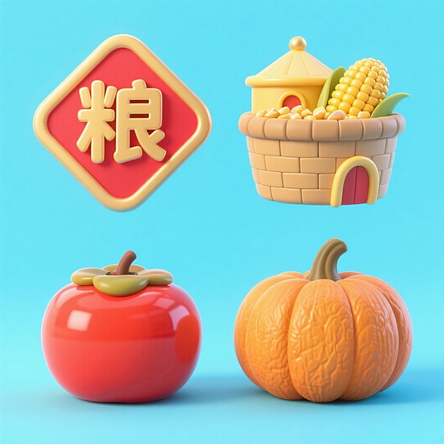 软3D风卡通造型，融合可爱感与喜庆元素，粮字浮雕贴纸搭配玉米篮、柿子与南瓜，塑料质感与轻拟物设计，传递丰收节日氛围。