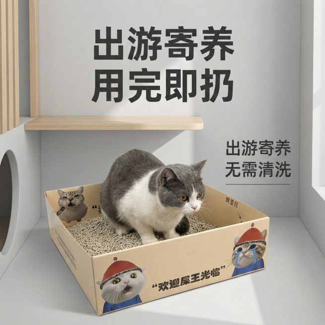 这张图片是产品主体这款产品是一次性猫砂盆 产品主体颜色不改变 我需要设计20张主图在拼多多上面售卖   主图场景布局设计用小猫等 等背景元素 需要显得高级一些主图文案内容 月刨猫砂盆 折叠设计 大容量预览效果