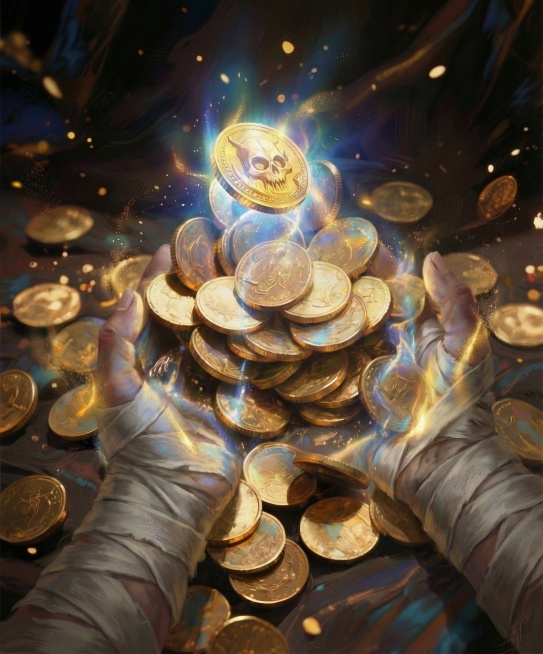 画面中增加一双缠着白色布条的手，想去捧起这堆金币预览效果