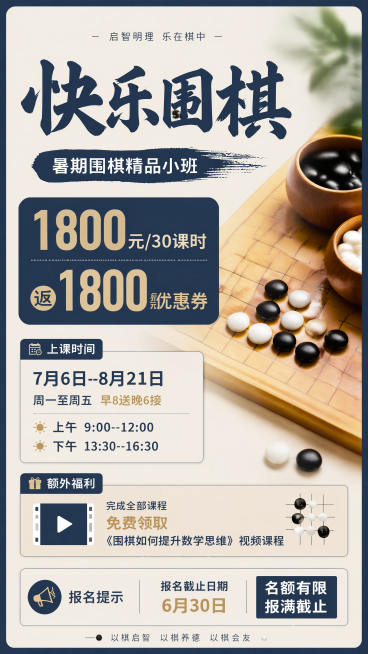 我需要一张暑假招生的围棋海报
主要信息：
标题《快乐围棋》暑期围棋精品小班
【1800元/30课时】【返1800元优惠券】（核心消息，要醒目）
上课时间 7月6日--8月21日
周一至周五 可以早8送预览效果