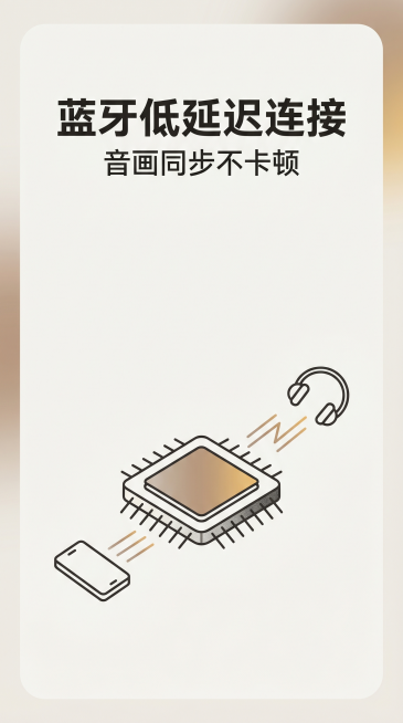 设计风格极简圆润、亲肤哑光质感、流线型无压迫感；主色调米白/奶白、深灰/炭黑，辅助色浅棕+暖金渐变；整体年轻时尚、科技简约风。顶部居中放置加粗主文案"蓝牙低延迟连接"，下方放置副文案"音画同步不卡顿"预览效果