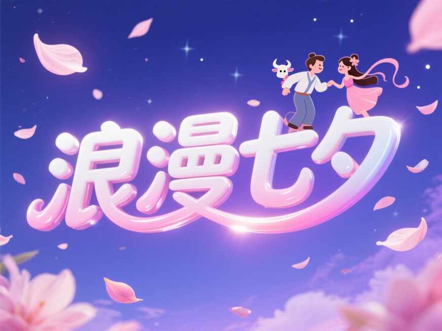 横向白粉渐变文字"浪漫七夕"。创意字体设计点缀牛郎、织女的卡通形象，蓝紫色夜晚天空背景，周围漂浮着花瓣，浪漫七夕氛围。预览效果