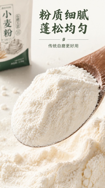 [第5屏] 粉质质地特写屏-展示细腻均匀的自磨面粉质感。本屏使用【图1】产品原料进行展示。
[氛围/风格] 微距食品摄影，真实质感，细腻干净的视觉效果。
[元素布局] 画面主体为一勺舀起的面粉特写，粉预览效果