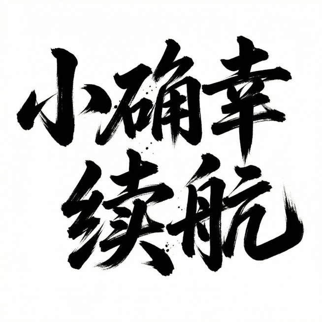 书法字“小确幸续航”，字体狂野豪迈奔放，笔画飘逸国潮风格，视觉震撼富有动感张力，笔画巧妙延长设计变形，飞白，笔画增加水墨笔刷效果，笔触流畅潇洒，黑字白底预览效果