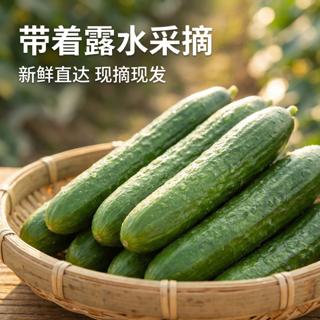 [主图 1] 新鲜小黄瓜点击率首图
[主图主题] 新鲜现摘带露小黄瓜
[氛围/风格] 生鲜写实风，自然清新食欲感，暖阳逆光下水珠晶莹剔透
[画面元素] 几根带水珠的新鲜绿黄瓜斜向排列居中，置于质朴竹编预览效果