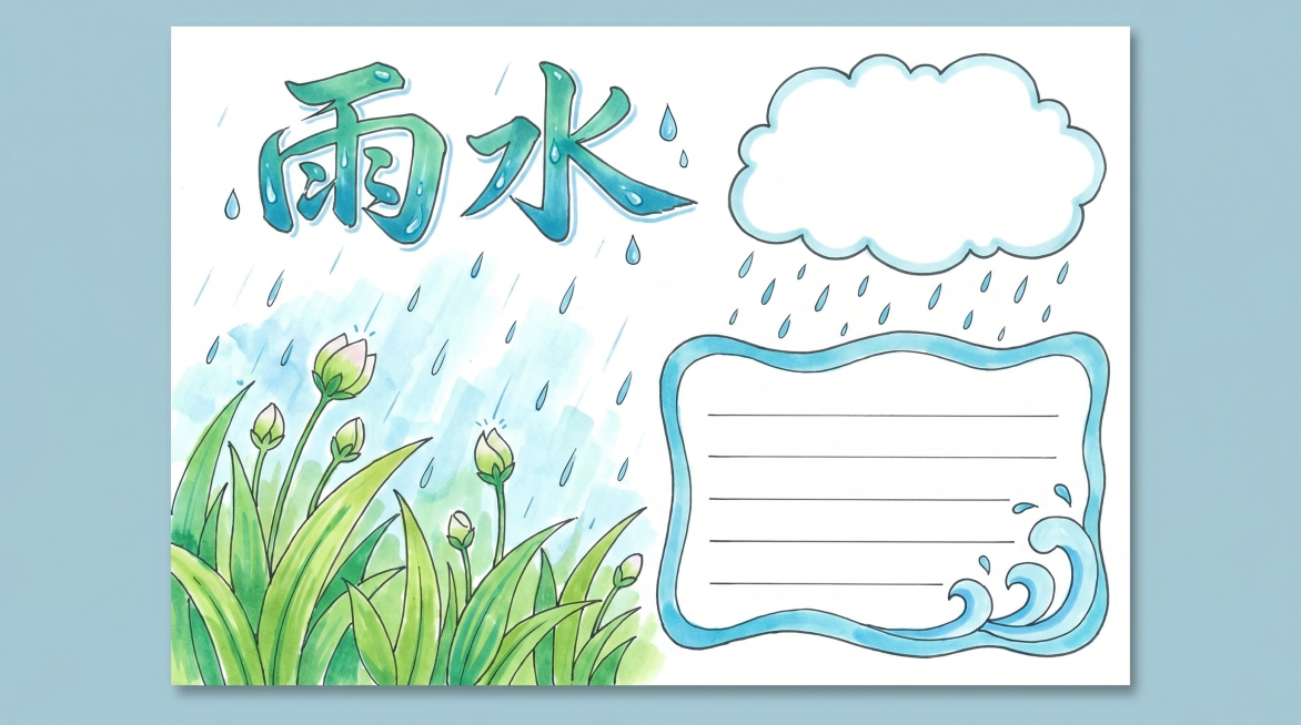 雨水手抄报，A4横版，马克笔手绘风格，整体色调清新。画面左下角画雨中的嫩绿青草和待放花苞，右上角留文字区域，顶部艺术字标题写“雨水”，马克笔笔触清晰，配色以浅绿浅蓝为主，水润清新，排版疏密得当，预留文预览效果