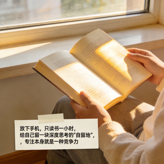 温暖安静的读书场景，一个人坐在窗边，放下手机，专注阅读一本摊开的书，阳光洒落在书页上，周围安静舒适，没有手机打扰，氛围宁静治愈，传递在快节奏生活中专注阅读、深度思考的感觉，文案主题：放下手机，只读书一预览效果