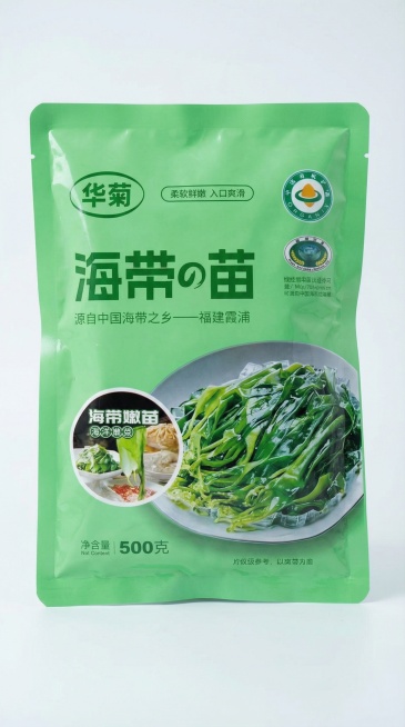 [主图主题] 华菊有机海带苗产品主图
[氛围/风格] 干净简约食品电商风，突出海带苗新鲜质感
[画面元素] 袋装华菊有机海带苗展示在浅色干净背景上，保留原有包装品牌、认证标识和产品信息，不添加额外核心预览效果