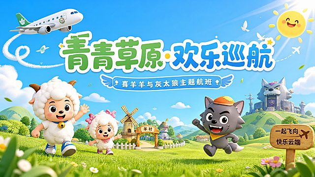 PPT封面，喜羊羊与灰太狼主题航班，标题文字“青青草原·欢乐巡航”，鲜绿天蓝明黄明亮配色，卡通活泼风格，青青草原场景，喜羊羊灰太狼元素