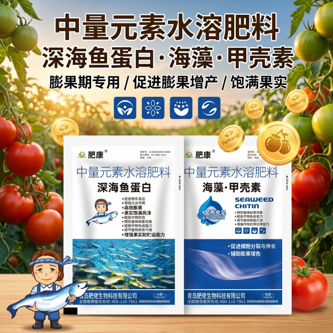 肥康深海鱼蛋白海藻甲壳素，膨果期使用展示促进膨果增产，饱满果实农田背景，电商主图丰收风格预览效果
