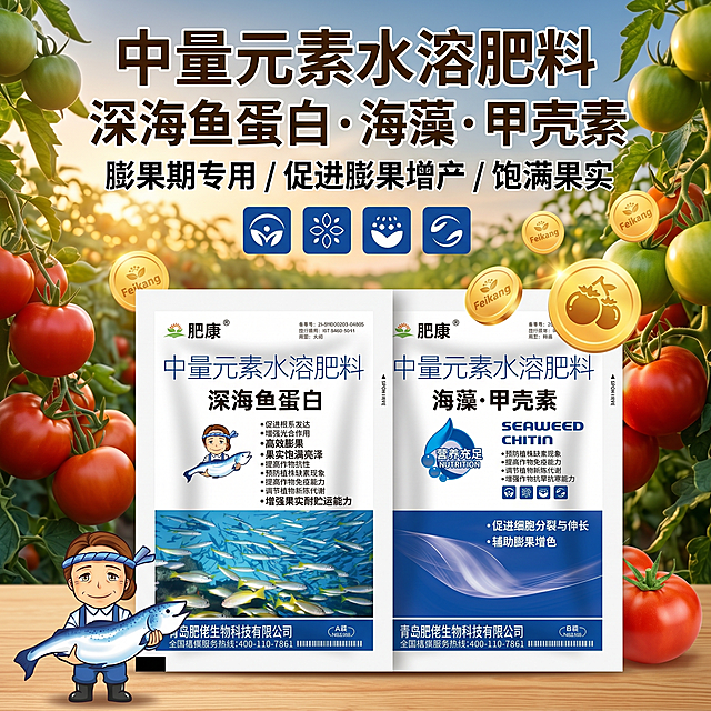 肥康深海鱼蛋白海藻甲壳素，膨果期使用展示促进膨果增产，饱满果实农田背景，电商主图丰收风格