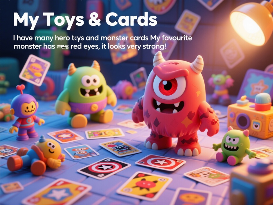 儿童PPT正文页，顶部标题"My Toys & Cards"，正文文字"I have many hero toys and monster cards
My favourite monster has预览效果