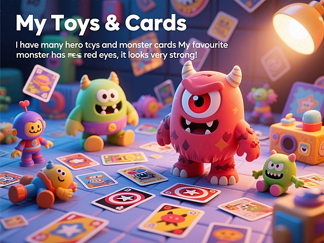 儿童PPT正文页，顶部标题"My Toys & Cards"，正文文字"I have many hero toys and monster cards
My favourite monster has red eyes, it looks very strong!", 背景展示散落的英雄玩具和卡片，风格明亮可爱，3D卡通风格，文字清晰排版整齐