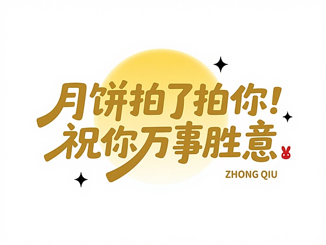 烫金色“月饼拍了拍你 祝你万事胜意”，拙气，后方衬渐变黄色圆形模拟月亮，左右点缀简约黑色小星星，右下角加拼音 “ZHONG QIU” 与红色兔子形状小印章，纯白底