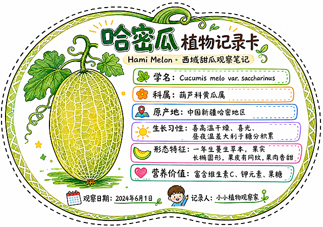 一张哈密瓜异形植物记录卡，整体为哈密瓜轮廓造型，沿哈密瓜外轮廓有一圈黑色模切虚线，白底背景，马克笔手绘风格。画面中央偏上位置有大标题文字"哈密瓜 植物记录卡"，下方有副标题"Hami Melon · 西域甜瓜观察笔记"。卡内左侧手绘一个完整的哈密瓜插画，马克笔上色，色彩鲜艳，黄绿色长椭圆形果实带网状纹路，顶部有绿色瓜藤和叶子，带手绘线条质感。右侧和下方分布植物信息文本框，内容包括："学名：Cucumis melo var. saccharinus"、"科属：葫芦科黄瓜属"、"原产地：中国新疆哈密地区"、"生长习性：喜高温干燥、喜光、昼夜温差大利于糖分积累"、"形态特征：一年生蔓生草本，果实长椭圆形，果皮有网纹，果肉香甜"、"营养价值：富含维生素C、钾元素、果糖"。底部有两个填写栏："观察日期：____"、"记录人：____"。整体风格为儿童科普手绘风，马克笔笔触明显，色彩明快，白底干净，排版精美，信息清晰易读，无水印。画面中所有信息区域必须填充完整合理的内容，不得出现空白框或待填写模板。