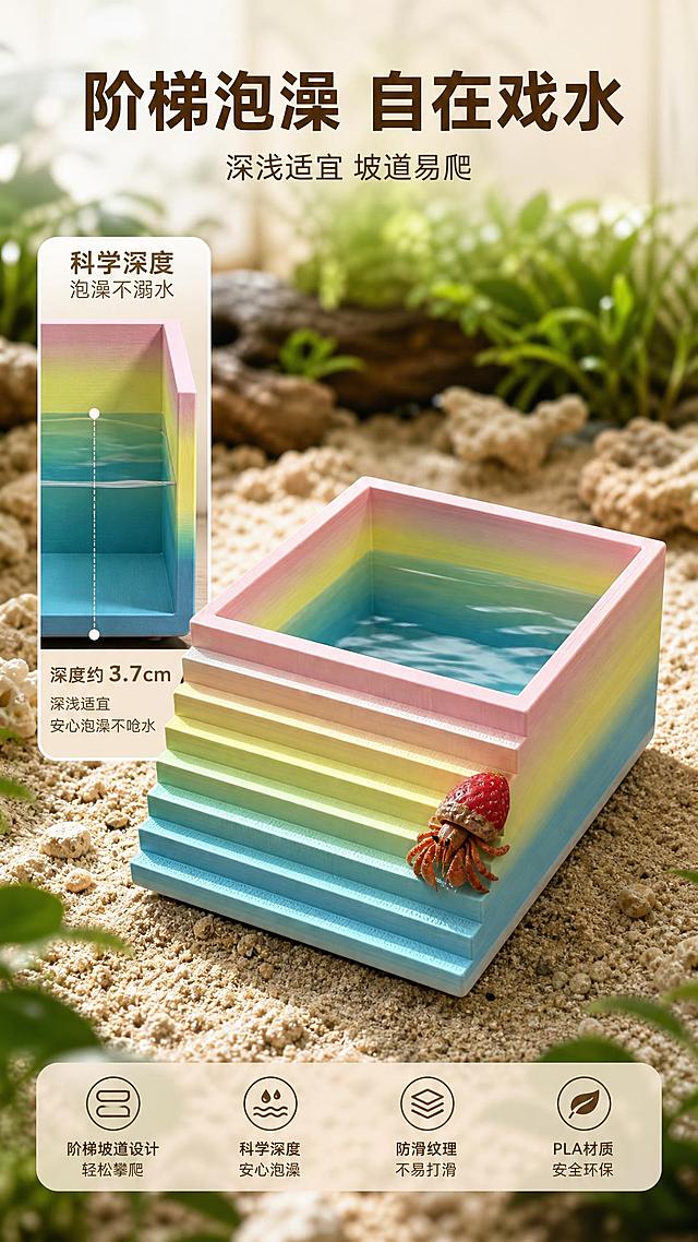 [商品] 使用【图3】深泡澡盆，云涧彩（马卡龙色）款；保留阶梯式渐变色彩、方形深盆、多层台阶全部结构，PLA纹理清晰化。
[画面] 深泡澡盆单品深度展示页。画面主体是云涧彩深泡澡盆放在饲养缸沙地上，盆内盛有约一半的清澈海水蓝色的水，水面有轻微反光。一只草莓寄居蟹正沿着阶梯坡道从底部向上爬，展示坡道防滑纹理和适宜的坡度。左侧一个竖长细节窗展示盆内深度和水位线，标注"科学深度 泡澡不溺水"。背景是虚化的缸内绿植和珊瑚沙底。
[视觉] 套系策略：风格=高级写实自然风商业摄影；标题字=现代无衬线粗体；正文字=简洁无衬线体；主色=沙米色+深绿植物色；背景延展=饲养缸场景+虚化绿植；强调色=马卡龙渐变色+蓝色水面；标题色=深棕褐色；正文色=中褐色；组件=竖长细节窗、细引线；光影=侧光突出水面反光和阶梯层次。
[文字] 顶部主标题"阶梯泡澡 自在戏水"，副标题"深浅适宜 坡道易爬"。左侧细节窗配说明文字。
[规格] 9:16竖版，2K，水面质感真实。负向：变形、错字、模糊、水位不真实、寄居蟹畸形。