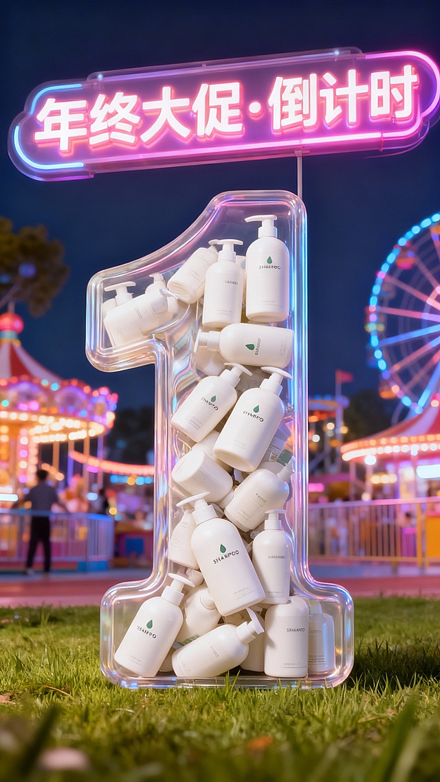 将图中的商品裂变出无数个（商品比例外观一致），通过旋转堆叠的方式填充到“1”数字形状的透明容器中，透明容器被商品填满不留一丝空隙。“1”立在草地上，柔和的光泽纹理，背景是游乐场梦幻氛围。画面顶部为巨大荧光质感文字灯牌“年终大促·倒计时”。