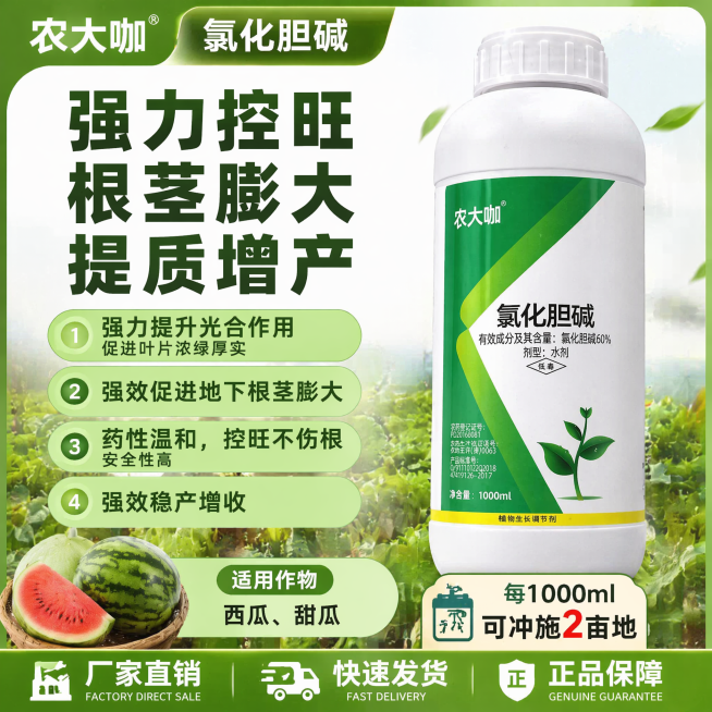 拼多多农大咖氯化胆碱农资主图，风格参考图一的绿色清新农业风格，1:1尺寸，整体配色以绿色白色为主，展示产品农大咖氯化胆碱农药瓶，大字标题'强力控旺 根茎膨大 提质增产'，卖点：1.强力提升光合作用，促预览效果