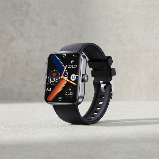 高级素雅俄罗斯电商风格主图，黑色表带智能手表保留原有外观，低饱和度素净背景搭配柔和自然光影，极简构图符合俄罗斯跨境电商设计风格，产品居中突出展示，整体高级干净预览效果