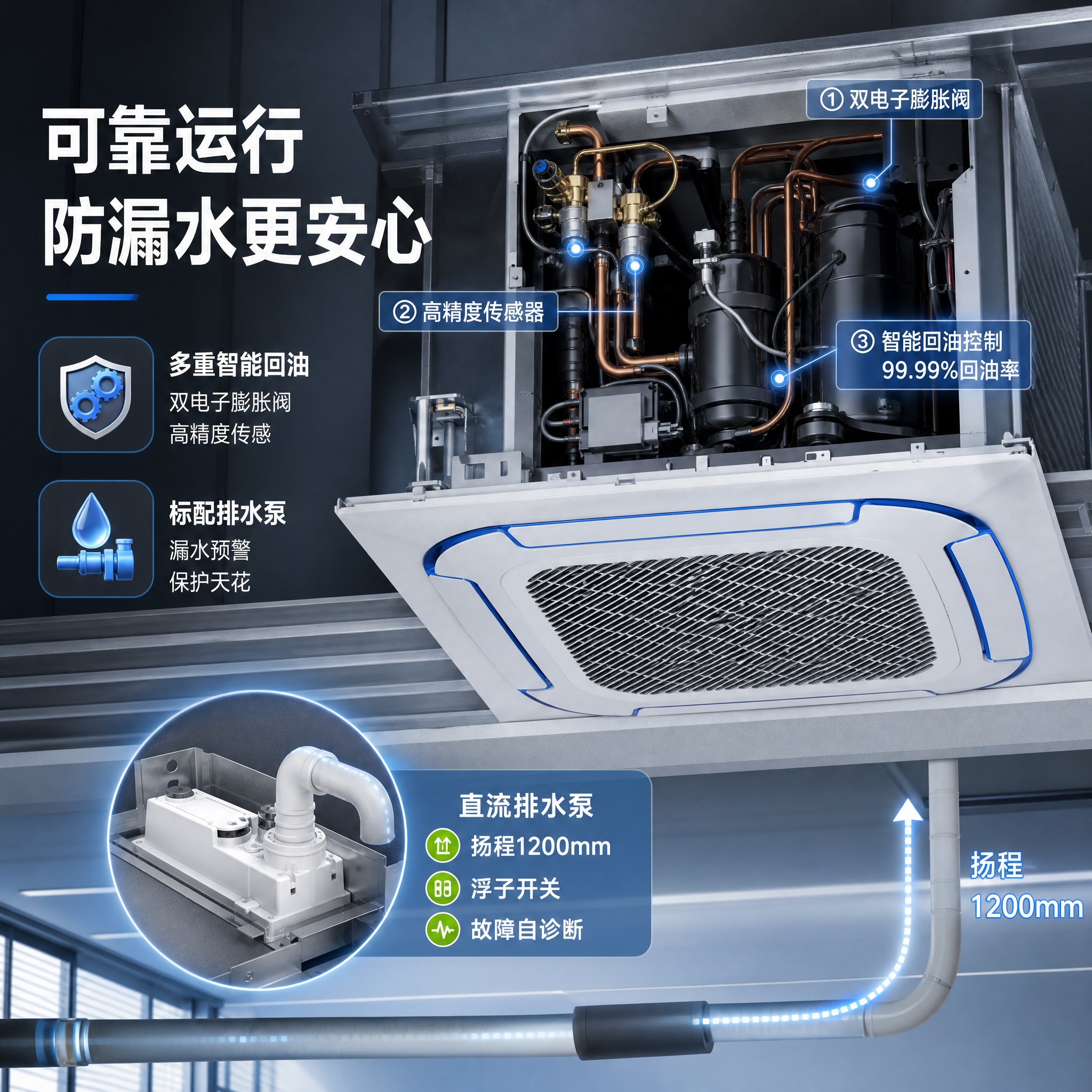 [主图-5] 主题：可靠运行 + 标配排水泵，嵌入吊顶内部剖面… - 图片创意预览