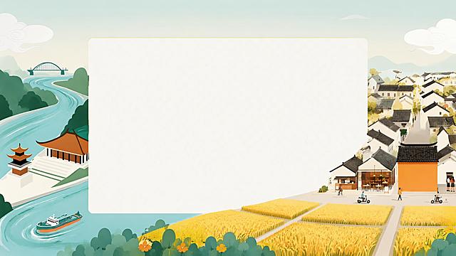 将两张扁平插画风格的图片完美无缝融合为一张封面图，第一张是江南街巷橙色建筑与稻田的扁平插画，第二张是中式古建筑与河流山水的扁平插画，融合后画面风格统一为扁平插画风格，色彩过渡自然，无拼接痕迹。画面正中间预留一个占画面约三分之二大小的正规长方形透明空白区域，用于放置主题内容。整张封面图片中不要出现任何文字。4K高清，细节精致。