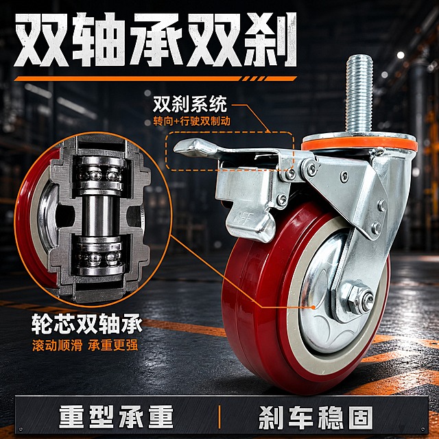 [主图-3 橙黑工业风] 主题：双轴承双刹结构，轮芯双轴承剖面展示。橙黑工业风。
[统一基调] 橙黑工业风，深灰色工业背景+橙色撞色强调，硬朗机械感；主标题用白色粗黑工业字体；强调色为亮橙色；辅助文字为浅灰色；整体冲击力强、专业重工业感。
[画面] 画面主体为一只双刹款万向轮的大特写，位于画面右侧，占比约60%，保持原图外观，略微仰视角度；画面左侧有一个大型圆形剖面放大图，展示轮子中间轮芯内部的双轴承结构（上下两个滚珠轴承在轮毂中心），剖面细节清晰，钢珠、轴承环、轮轴金属质感真实；用橙色粗引线从剖面大图指向主轮的轮芯中心位置；刹车踏板部位用橙色虚线框高亮；地面为深灰色金属质感地坪，有橙色工业安全标线，背景为深灰色工业车间虚化，冷调中带橙色环境光，明亮。
[光影质感] 商业工业摄影质感，硬朗侧光，金属支架高光锐利，红色轮面光泽深沉；剖面内轴承结构金属反光清晰，钢珠晶莹有质感；地面有强烈接触阴影，整体立体感极强。
[配色] 背景主色：深灰工业黑+橙色标线；主标题色：白色；强调色：亮橙色；辅助文字色：浅灰。
[文字版式] 画面顶部主标题「双轴承双刹」，白色超大粗黑字体；下方亮橙色横条分隔；左侧剖面大图下方白色文字「轮芯双轴承」，橙色小字「滚动顺滑 承重更强」；刹车部位旁白色标签「双刹系统」，橙色小字「转向+行驶双制动」；底部深灰信息条，左侧白色「重型承重」，右侧白色「刹车稳固」，中间橙色竖线；文字不遮挡主轮核心。
[输出要求] 1:1正方形，2048x2048，2K；产品外观结构比例颜色与输入图完全一致，不变形；双轴承在轮子中间轮芯内；文字无错字；清晰；无水印无平台logo；不要静音；不要免费开专票；背景不要纯黑。