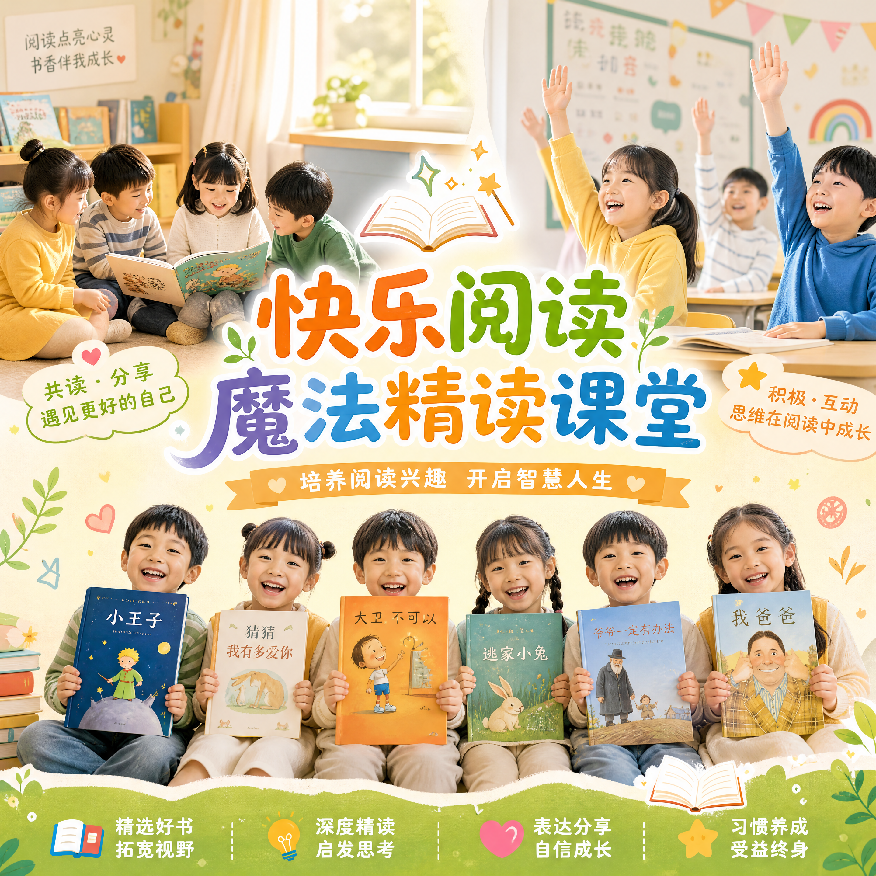 以儿童阅读课堂为主题，设计一张清新温馨的宣传图，左侧展示孩子们… - 图片创意预览
