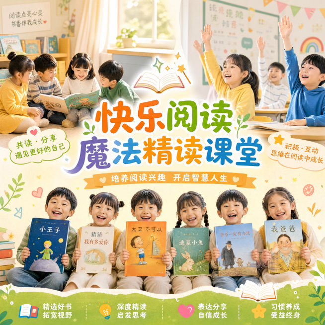 以儿童阅读课堂为主题，设计一张清新温馨的宣传图，左侧展示孩子们围坐共读的场景，右侧展示孩子们举手积极互动的画面，底部添加展示书本的创意合影，整体色调温暖明亮，添加文字"快乐阅读 魔法精读课堂"，排版自预览效果
