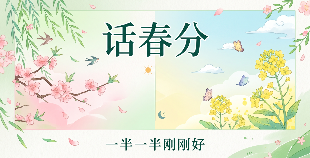 公众号首图设计，画面顶部是醒目的主标题"话春分"，底部是副标题"一半一半刚刚好"，整体风格清新雅致，融入春分时节的春日花卉元素，左右画面自然分割体现一半一半的主题，色调柔和清新，主副标题排版居中清晰突预览效果