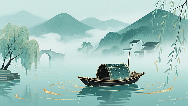 古典中式插画风，水墨意境，雨中柳桥，静谧悠远。